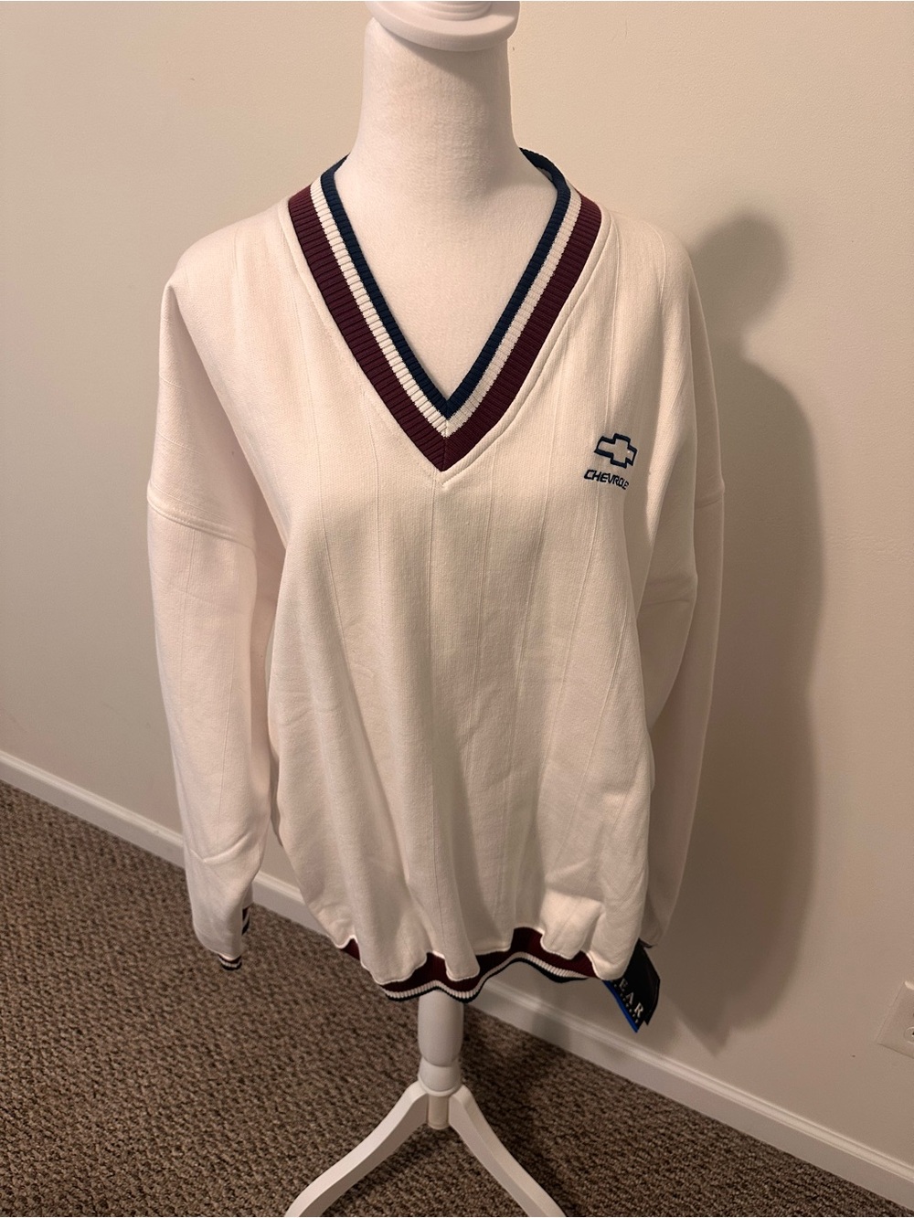 GEAR For Sports White V-Neck Chevrolet Logo Sweater with Navy Burgundy Size XXL